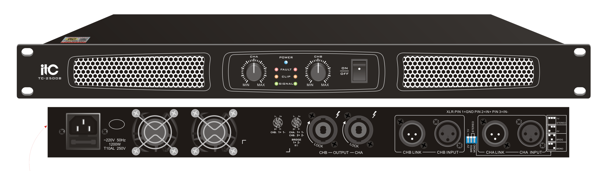 2-канальный усилитель, 2х500W / 8 Ом ITC-2500B